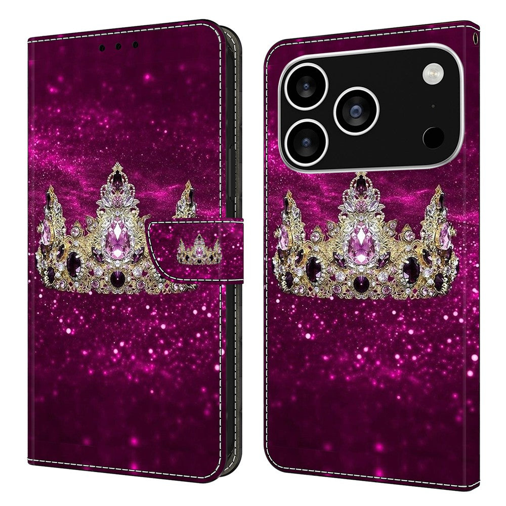 For iPhone 17 Pro Max Case Wallet Stand Pattern Printing PU Leather Flip Phone Cover - Purple Diamond Crown