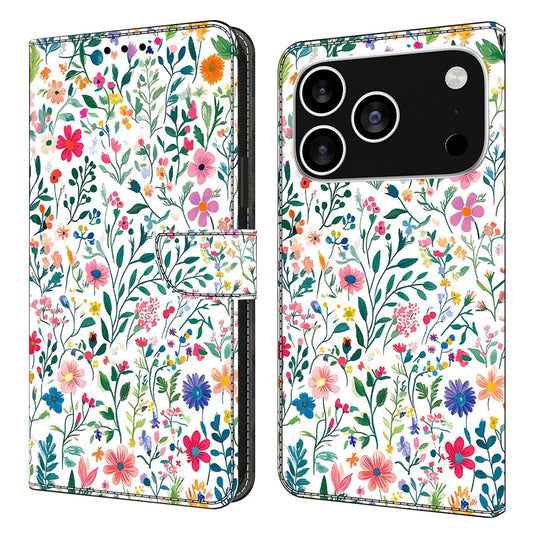 For iPhone 17 Pro Max Case Wallet Stand Pattern Printing PU Leather Flip Phone Cover - Small Flowerbed