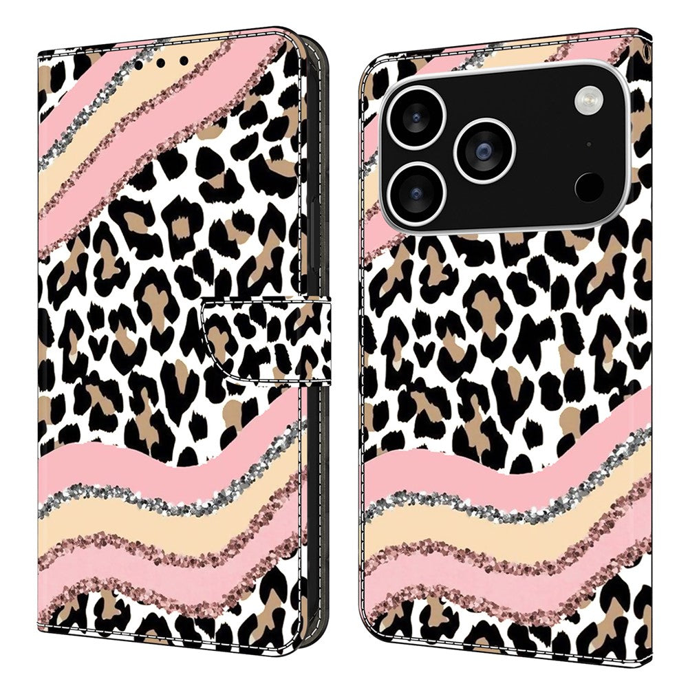 For iPhone 17 Pro Max Case Wallet Stand Pattern Printing PU Leather Flip Phone Cover - Striped Leopard