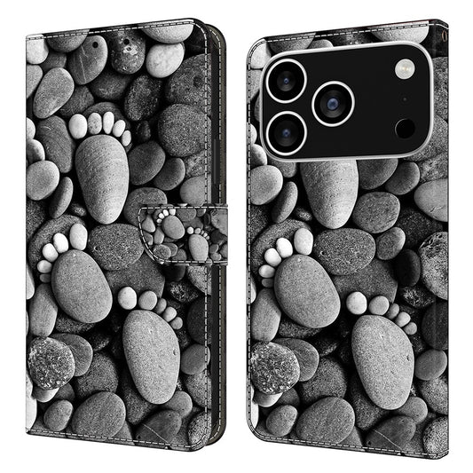 For iPhone 17 Pro Max Case Wallet Stand Pattern Printing PU Leather Flip Phone Cover - Stone Footprints