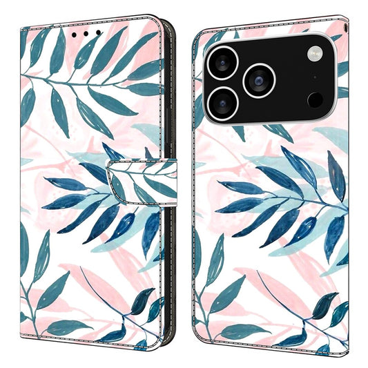 For iPhone 17 Pro Max Case Wallet Stand Pattern Printing PU Leather Flip Phone Cover - Watercolor Leaves