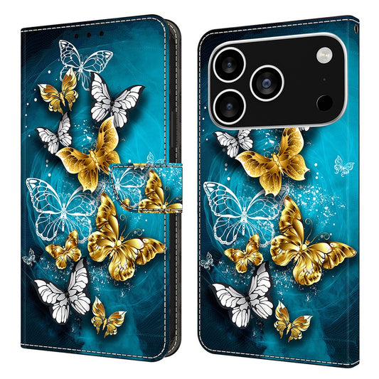 For iPhone 17 Pro Max Case Wallet Stand Pattern Printing PU Leather Flip Phone Cover - Gold Butterfly on Green