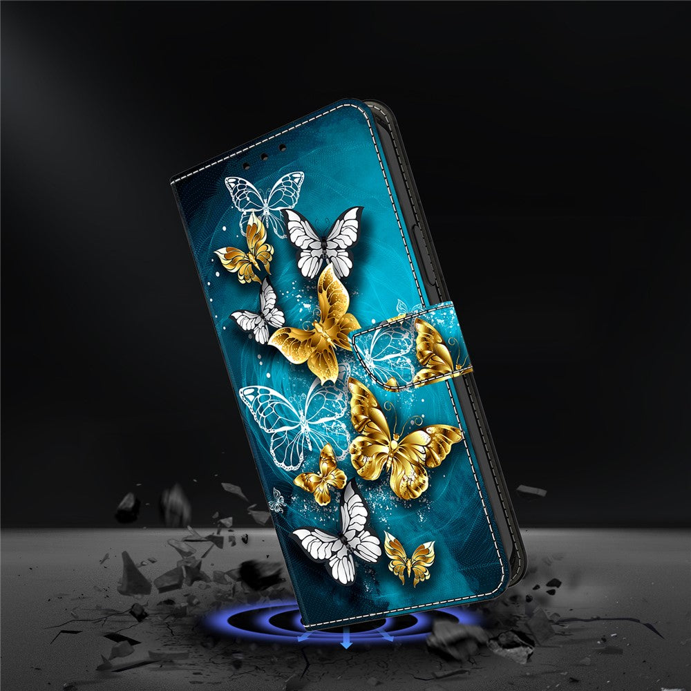 For iPhone 17 Pro Max Case Wallet Stand Pattern Printing PU Leather Flip Phone Cover - Gold Butterfly on Green