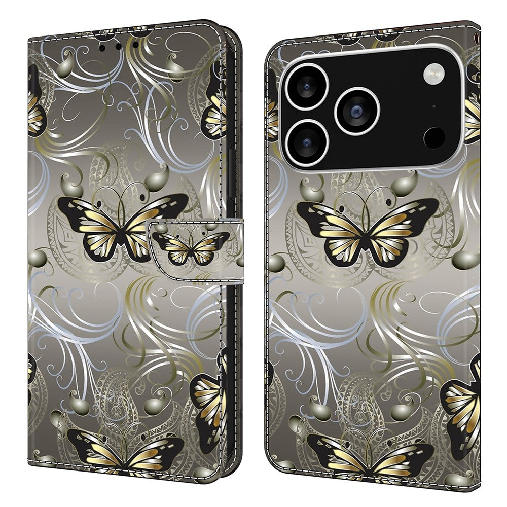 For iPhone 17 Pro Max Case Wallet Stand Pattern Printing PU Leather Flip Phone Cover - Lace Butterfly