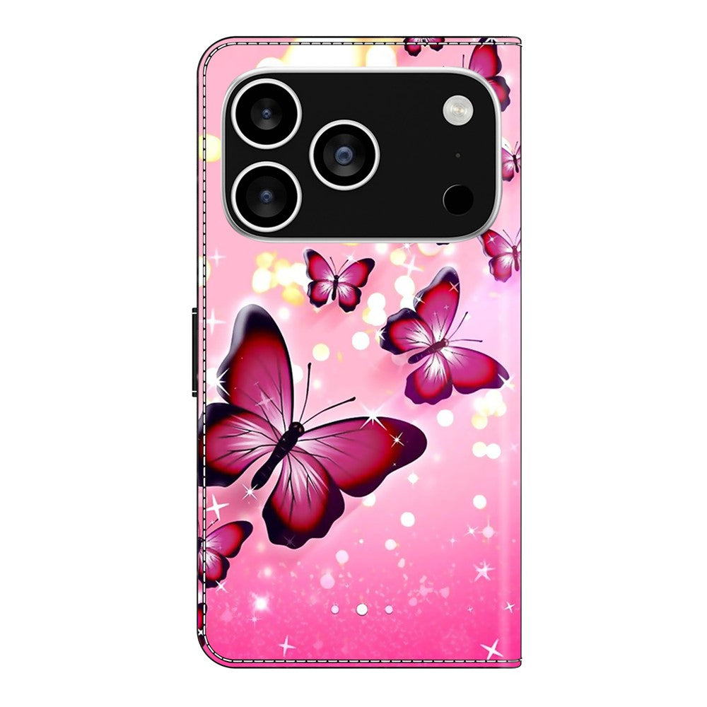 For iPhone 17 Pro Max Case Wallet Stand Pattern Printing PU Leather Flip Phone Cover - Pink Butterfly