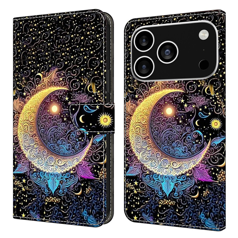 For iPhone 17 Pro Max Case Wallet Stand Pattern Printing PU Leather Flip Phone Cover - Bright Moon