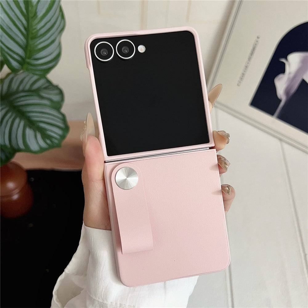 For Samsung Galaxy Z Flip7 5G Case PU Leather + PC Phone Cover with Grip Strap - Pink