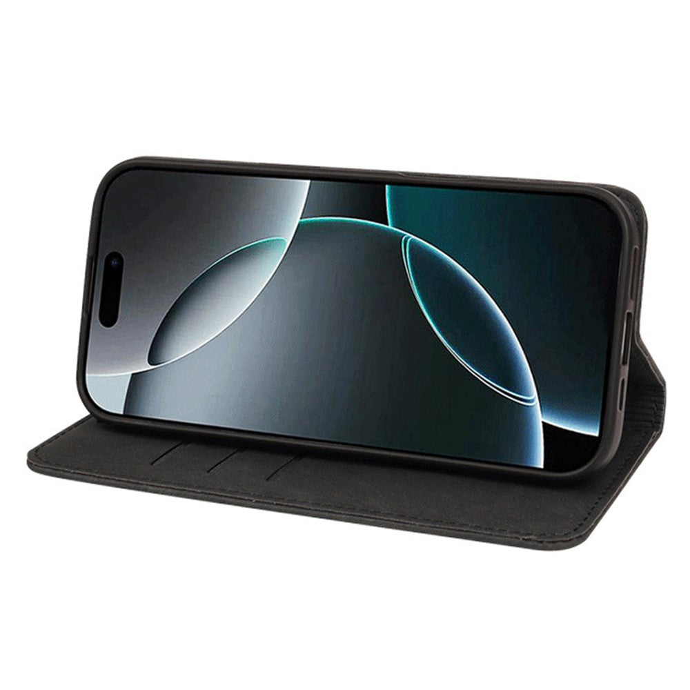 For iPhone 17 Pro Max Case Strong Magnetic Leather Wallet Phone Cover with Striped Texture - Black