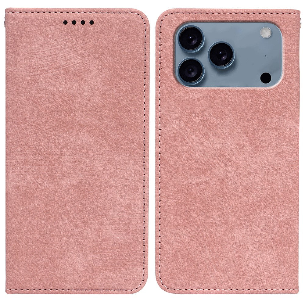 For iPhone 17 Pro Max Case Strong Magnetic Leather Wallet Phone Cover with Striped Texture - Rose Gold