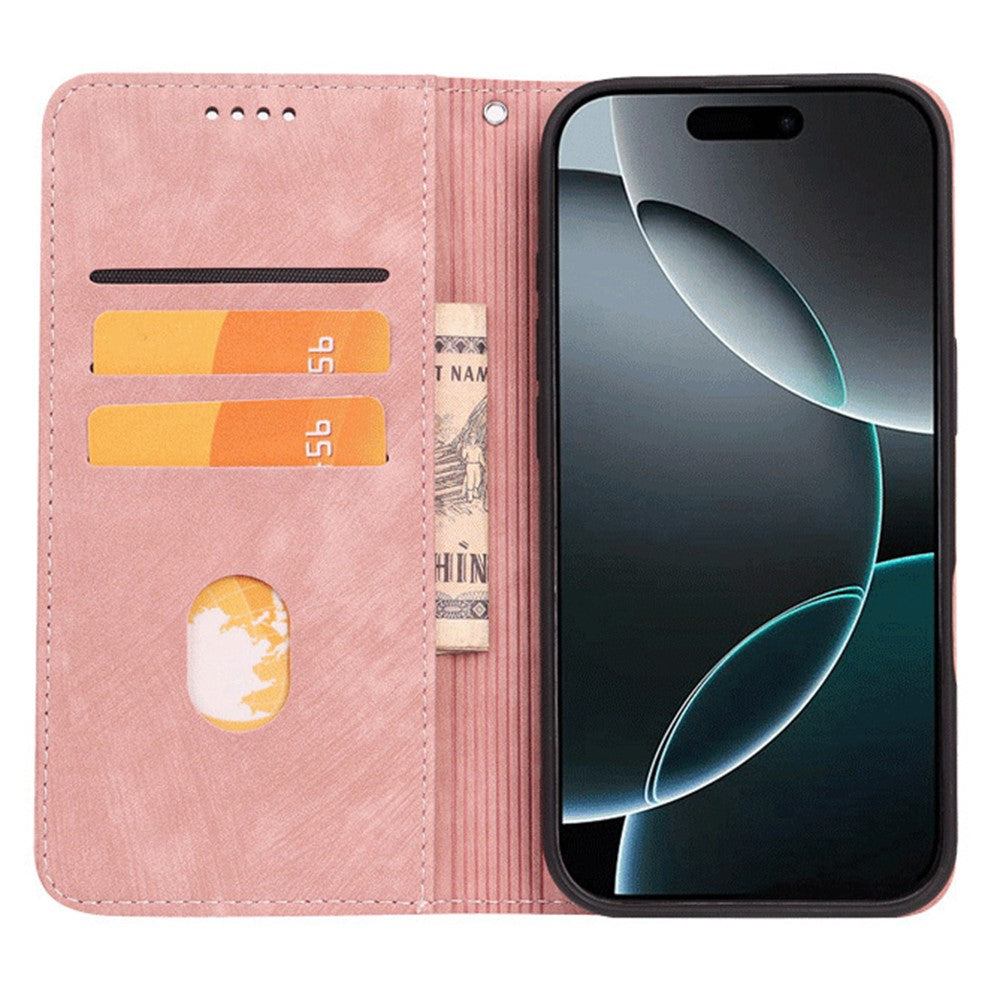 For iPhone 17 Pro Max Case Strong Magnetic Leather Wallet Phone Cover with Striped Texture - Rose Gold