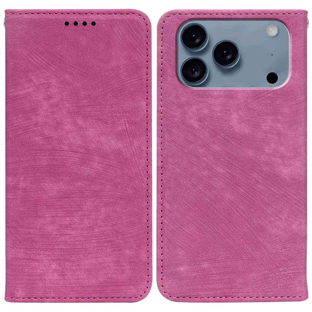 For iPhone 17 Pro Max Case Strong Magnetic Leather Wallet Phone Cover with Striped Texture - Rose