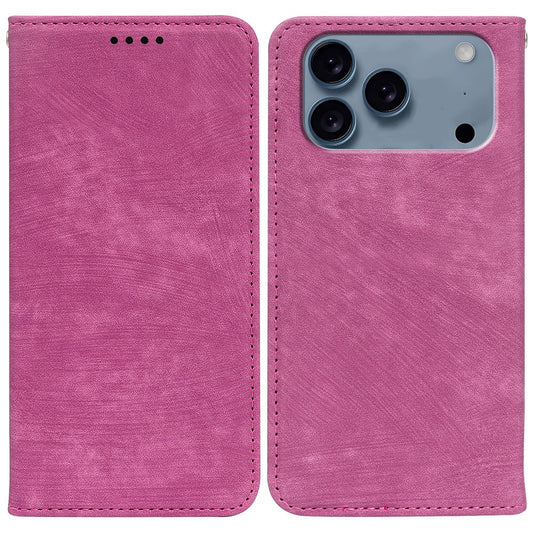 For iPhone 17 Pro Max Case Strong Magnetic Leather Wallet Phone Cover with Striped Texture - Rose