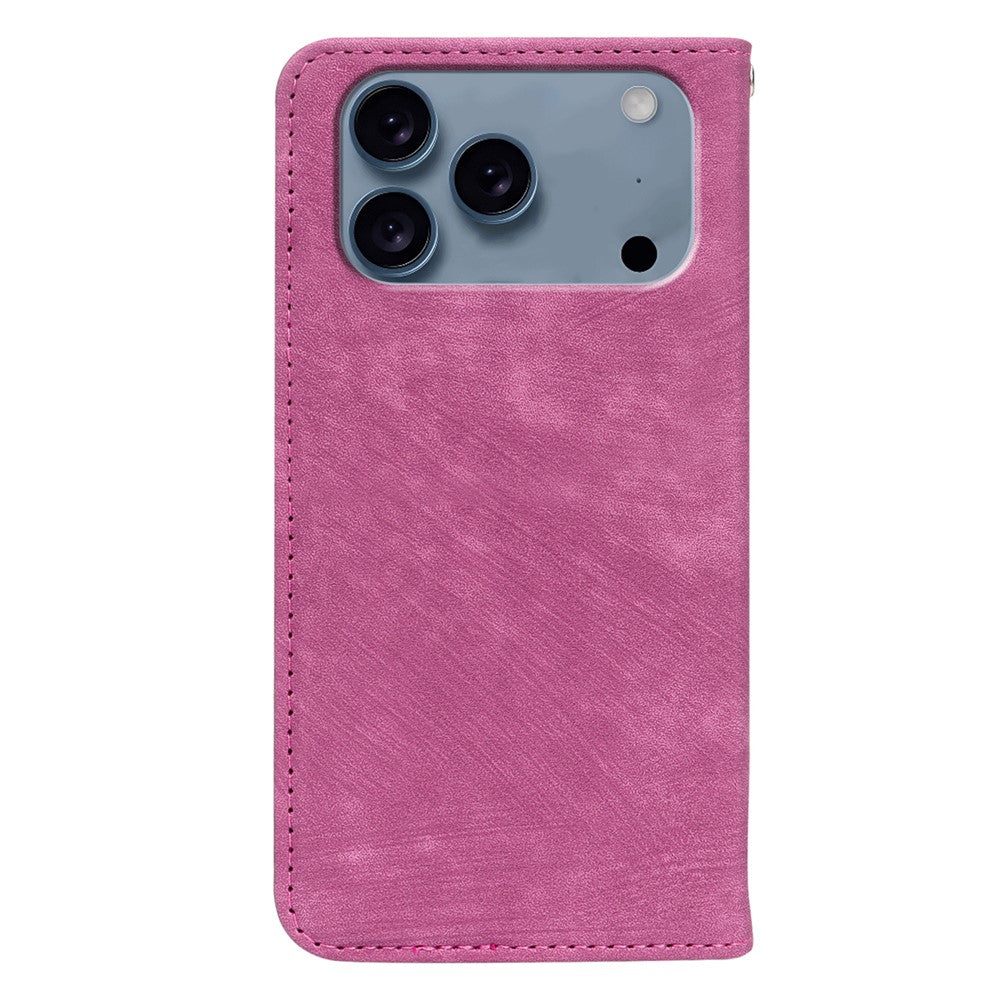For iPhone 17 Pro Max Case Strong Magnetic Leather Wallet Phone Cover with Striped Texture - Rose