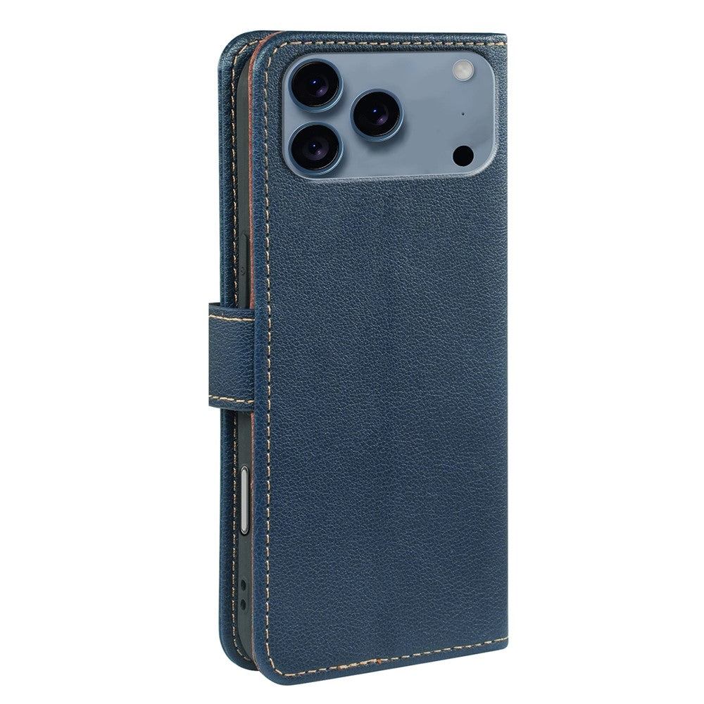 For iPhone 17 Pro Max Case RFID Blocking Wallet Litchi Texture Leather Phone Cover Magnetic Clasp - Blue