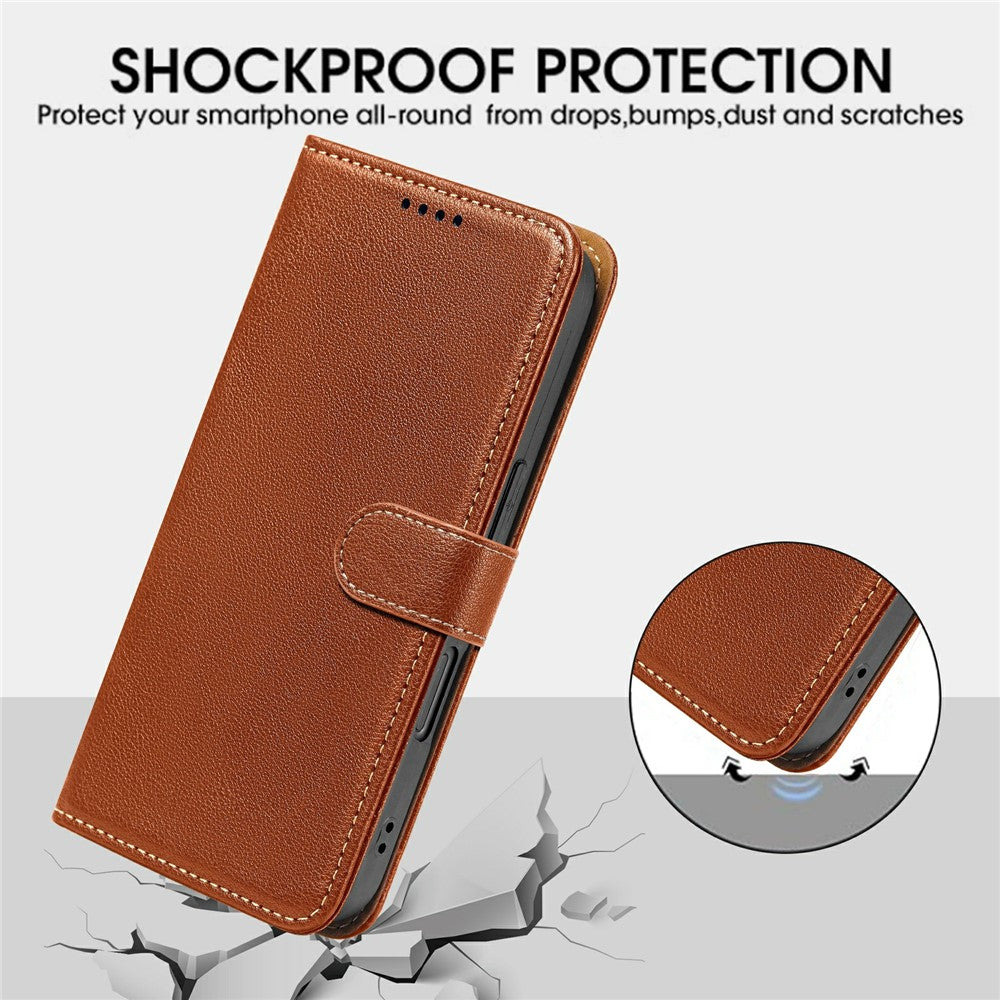 For iPhone 17 Pro Max Case RFID Blocking Wallet Litchi Texture Leather Phone Cover Magnetic Clasp - Brown