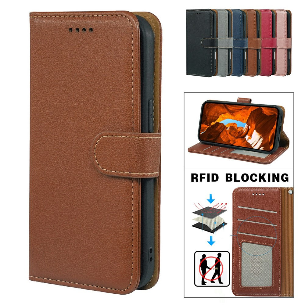 For iPhone 17 Pro Max Case RFID Blocking Wallet Litchi Texture Leather Phone Cover Magnetic Clasp - Brown
