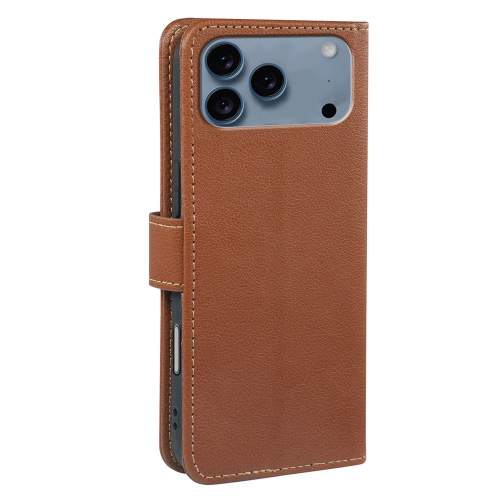 For iPhone 17 Pro Max Case RFID Blocking Wallet Litchi Texture Leather Phone Cover Magnetic Clasp - Brown