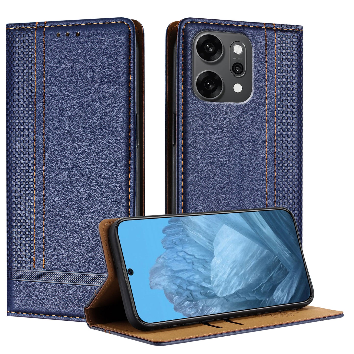 For Oppo Reno14 Pro 5G (China) / Oppo Reno14 Pro 5G (Global) Case L-Shaped Grid Pattern Leather Stand Phone Cover with Card Slots - Blue