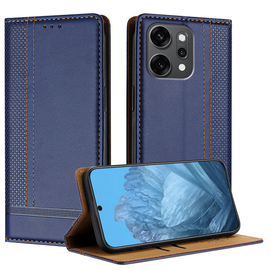 For Oppo Reno14 Pro 5G (China) / Oppo Reno14 Pro 5G (Global) Case L-Shaped Grid Pattern Leather Stand Phone Cover with Card Slots - Blue