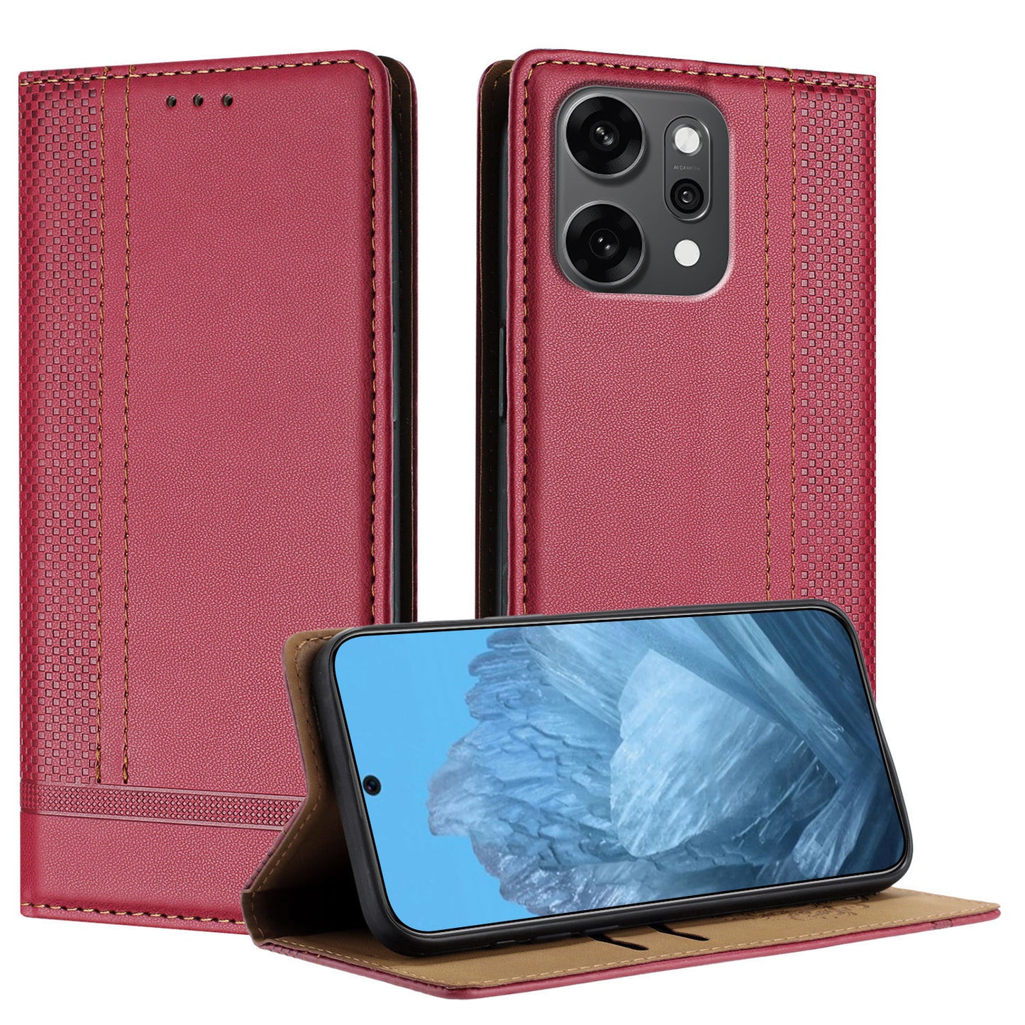 For Oppo Reno14 Pro 5G (China) / Oppo Reno14 Pro 5G (Global) Case L-Shaped Grid Pattern Leather Stand Phone Cover with Card Slots - Red