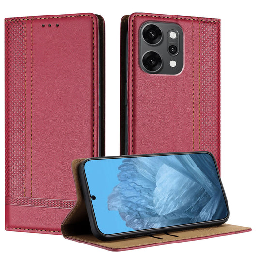 For Oppo Reno14 Pro 5G (China) / Oppo Reno14 Pro 5G (Global) Case L-Shaped Grid Pattern Leather Stand Phone Cover with Card Slots - Red