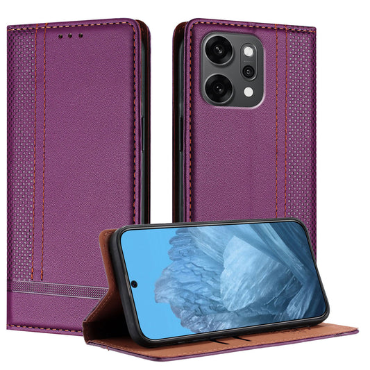 For Oppo Reno14 Pro 5G (China) / Oppo Reno14 Pro 5G (Global) Case L-Shaped Grid Pattern Leather Stand Phone Cover with Card Slots - Purple