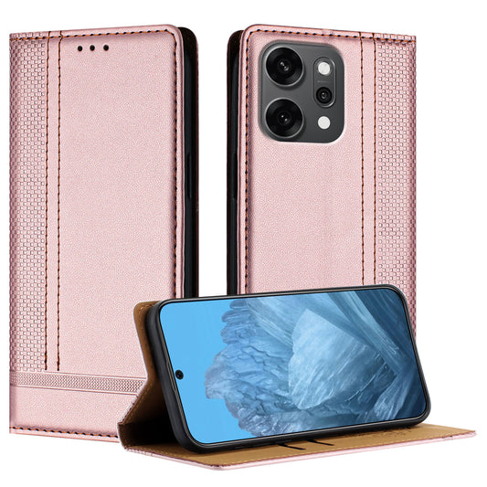 For Oppo Reno14 Pro 5G (China) / Oppo Reno14 Pro 5G (Global) Case L-Shaped Grid Pattern Leather Stand Phone Cover with Card Slots - Rose Gold