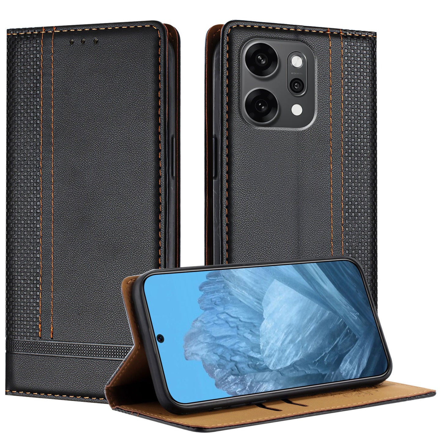 For Oppo Reno14 Pro 5G (China) / Oppo Reno14 Pro 5G (Global) Case L-Shaped Grid Pattern Leather Stand Phone Cover with Card Slots - Black