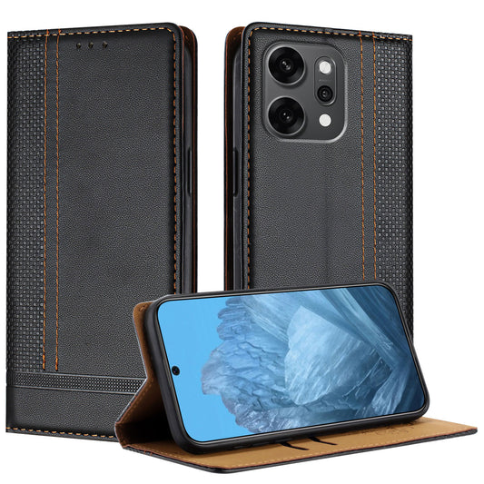 For Oppo Reno14 Pro 5G (China) / Oppo Reno14 Pro 5G (Global) Case L-Shaped Grid Pattern Leather Stand Phone Cover with Card Slots - Black