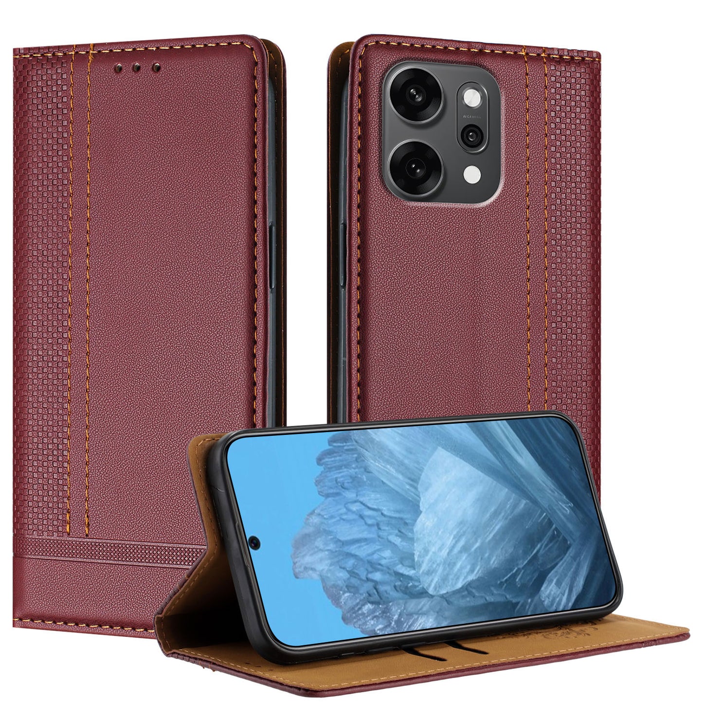 For Oppo Reno14 Pro 5G (China) / Oppo Reno14 Pro 5G (Global) Case L-Shaped Grid Pattern Leather Stand Phone Cover with Card Slots - Wine Red