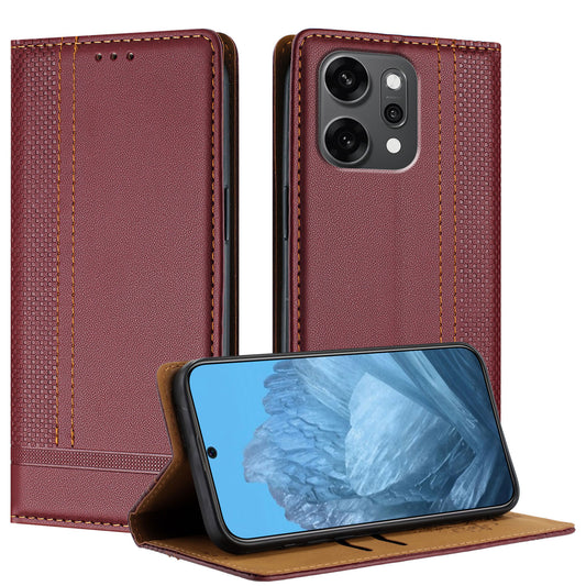 For Oppo Reno14 Pro 5G (China) / Oppo Reno14 Pro 5G (Global) Case L-Shaped Grid Pattern Leather Stand Phone Cover with Card Slots - Wine Red