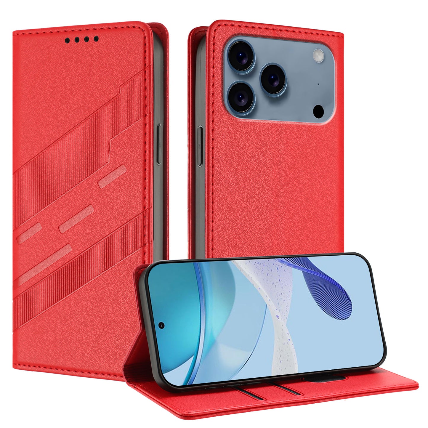 For iPhone 17 Pro Max Phone Cases Punk Style Imprinted Wallet Stand Leather Cover - Red