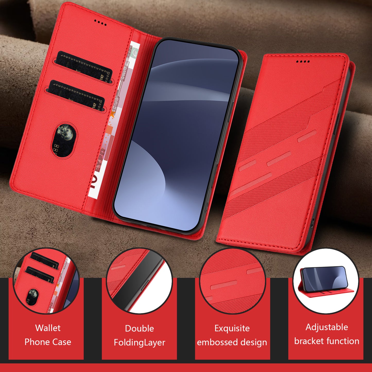 For iPhone 17 Pro Max Phone Cases Punk Style Imprinted Wallet Stand Leather Cover - Red