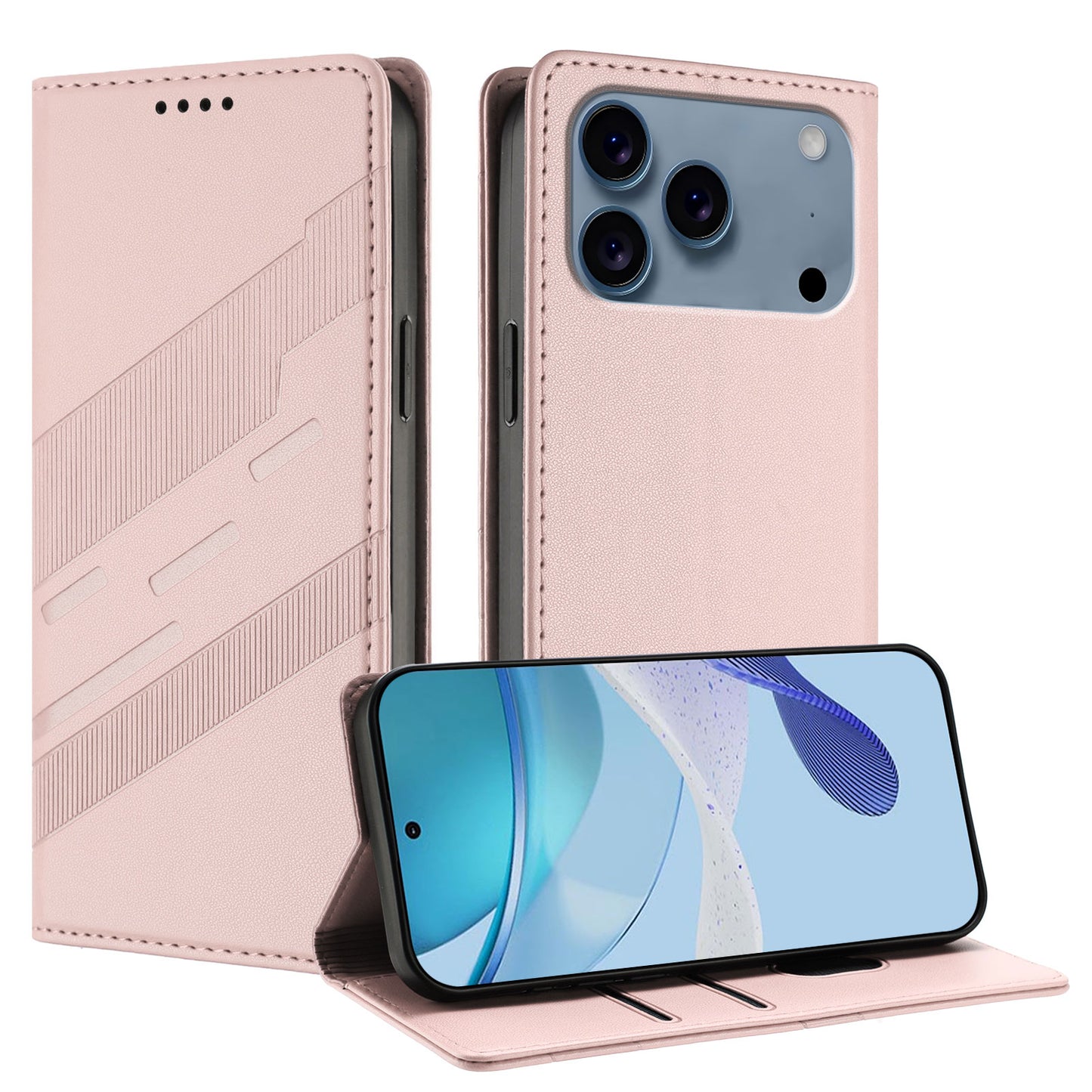 For iPhone 17 Pro Max Phone Cases Punk Style Imprinted Wallet Stand Leather Cover - Pink