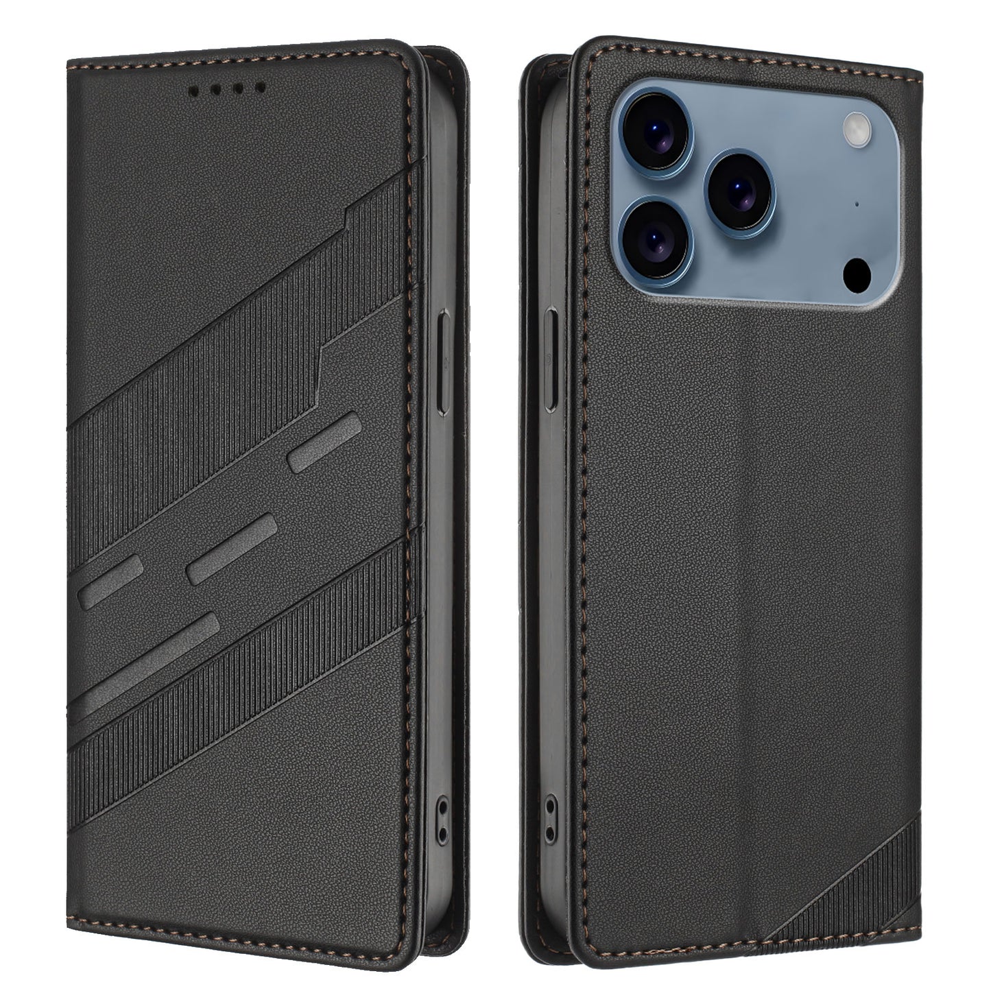 For iPhone 17 Pro Max Phone Cases Punk Style Imprinted Wallet Stand Leather Cover - Black