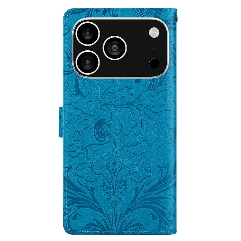For iPhone 17 Pro Max Leather Case Imprinted Floral Pattern Wallet Stand Flip Phone Cover - Blue