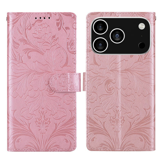 For iPhone 17 Pro Max Leather Case Imprinted Floral Pattern Wallet Stand Flip Phone Cover - Pink