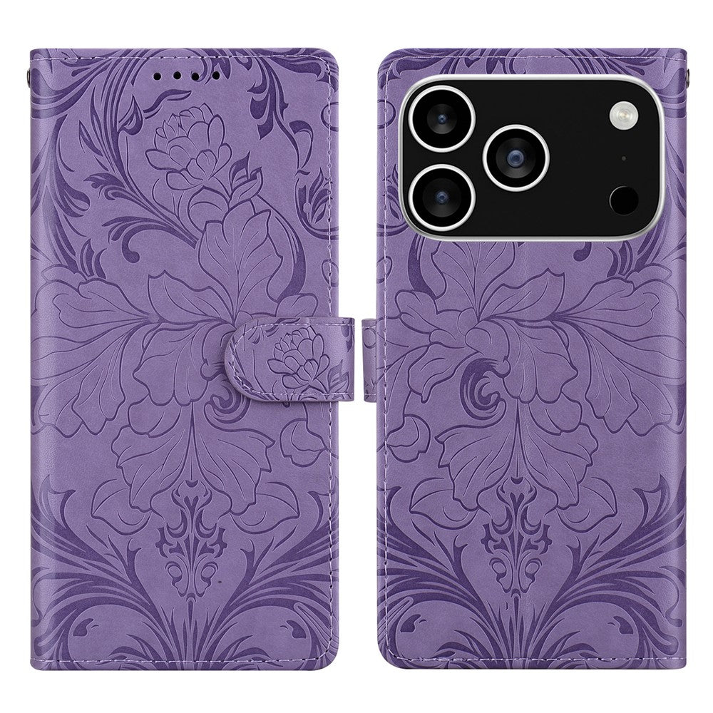 For iPhone 17 Pro Max Leather Case Imprinted Floral Pattern Wallet Stand Flip Phone Cover - Purple
