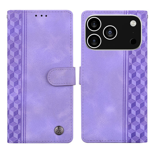 For iPhone 17 Pro Max Leather Case Imprinted Checkered Pattern Wallet Stand Flip Phone Cover - Purple