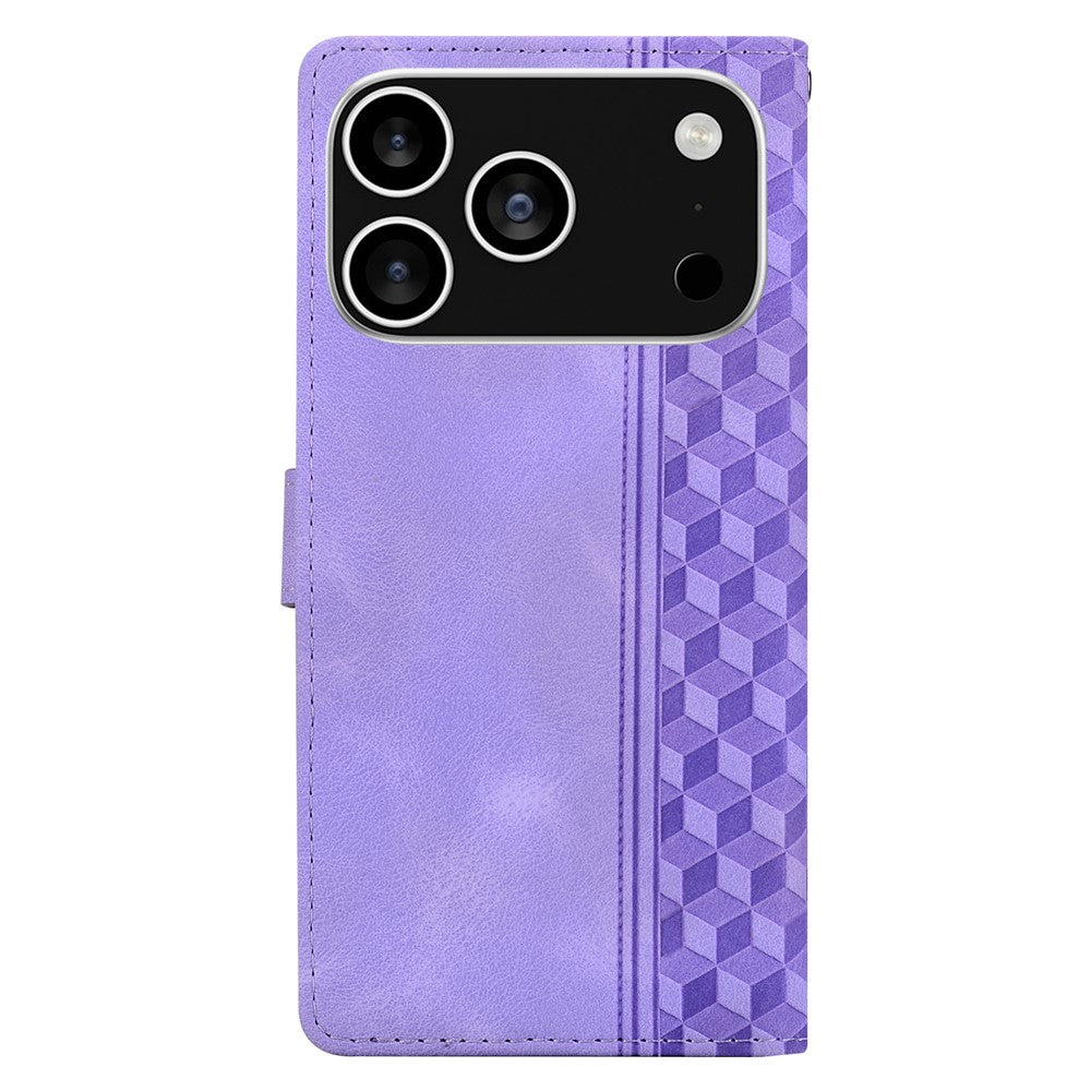 For iPhone 17 Pro Max Leather Case Imprinted Checkered Pattern Wallet Stand Flip Phone Cover - Purple