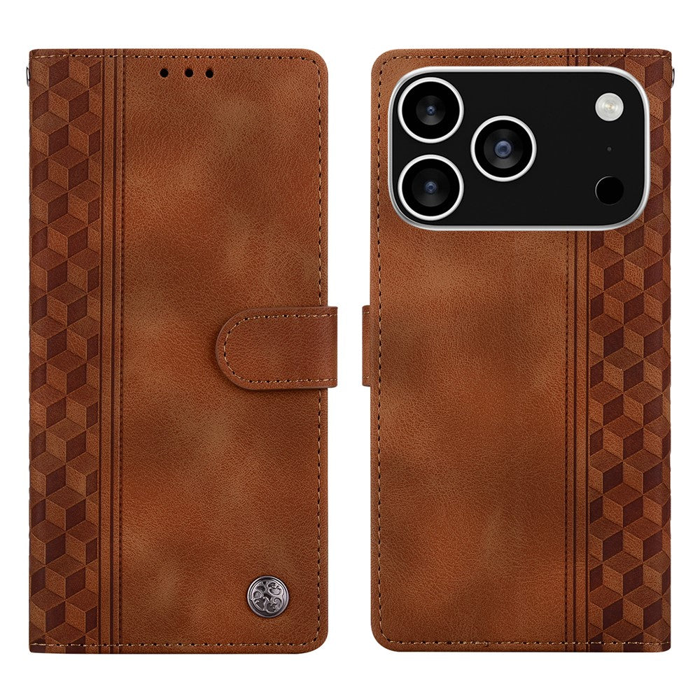 For iPhone 17 Pro Max Leather Case Imprinted Checkered Pattern Wallet Stand Flip Phone Cover - Brown