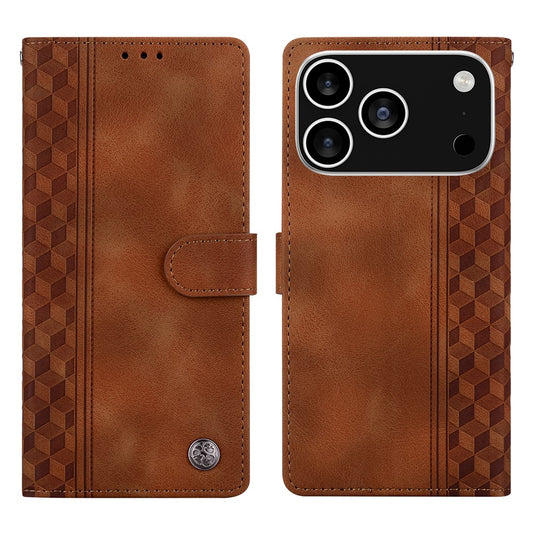 For iPhone 17 Pro Max Leather Case Imprinted Checkered Pattern Wallet Stand Flip Phone Cover - Brown