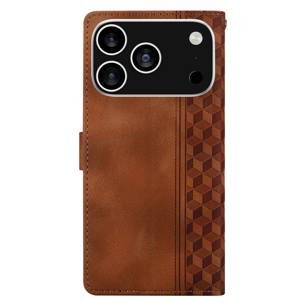 For iPhone 17 Pro Max Leather Case Imprinted Checkered Pattern Wallet Stand Flip Phone Cover - Brown