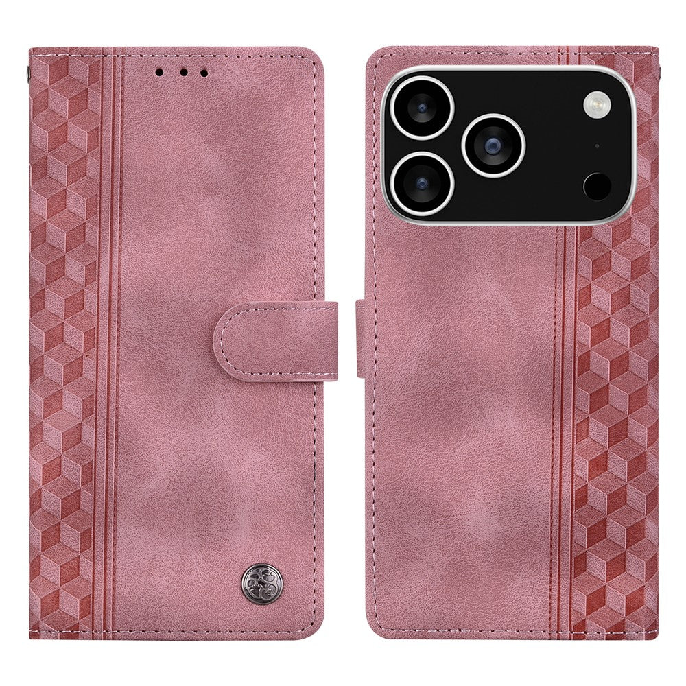 For iPhone 17 Pro Max Leather Case Imprinted Checkered Pattern Wallet Stand Flip Phone Cover - Pink