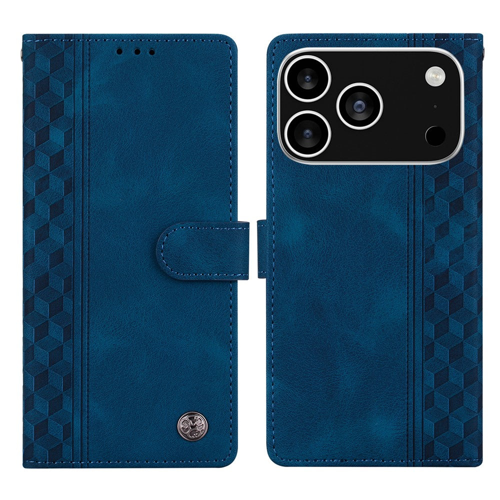 For iPhone 17 Pro Max Leather Case Imprinted Checkered Pattern Wallet Stand Flip Phone Cover - Blue