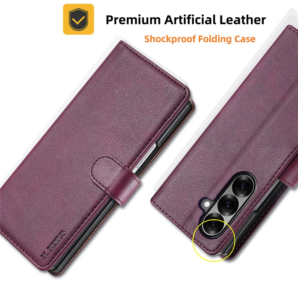N.BEKUS CSJ-001 For Samsung Galaxy Z Fold7 5G Stand Case PU Leather Wallet Phone Cover - Wine Red