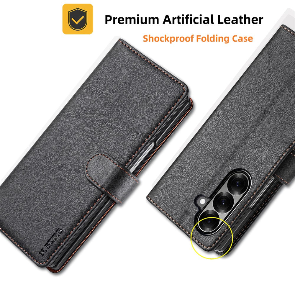 N.BEKUS CSJ-001 For Samsung Galaxy Z Fold7 5G Stand Case PU Leather Wallet Phone Cover - Black