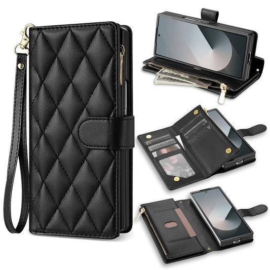For Samsung Galaxy Z Fold7 5G Case Rhombus Stitching Leather Wallet Phone Cover with Long  /  Short Strap - Black