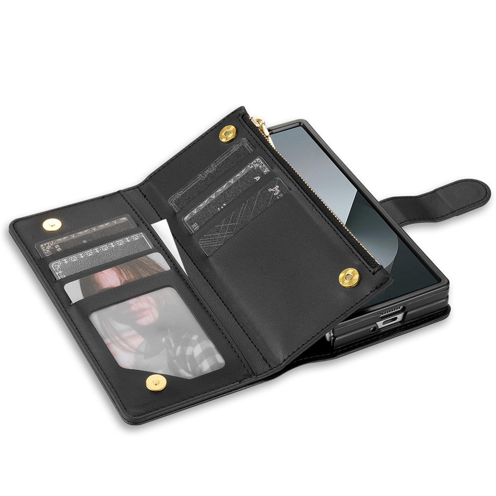 For Samsung Galaxy Z Fold7 5G Case Rhombus Stitching Leather Wallet Phone Cover with Long  /  Short Strap - Black