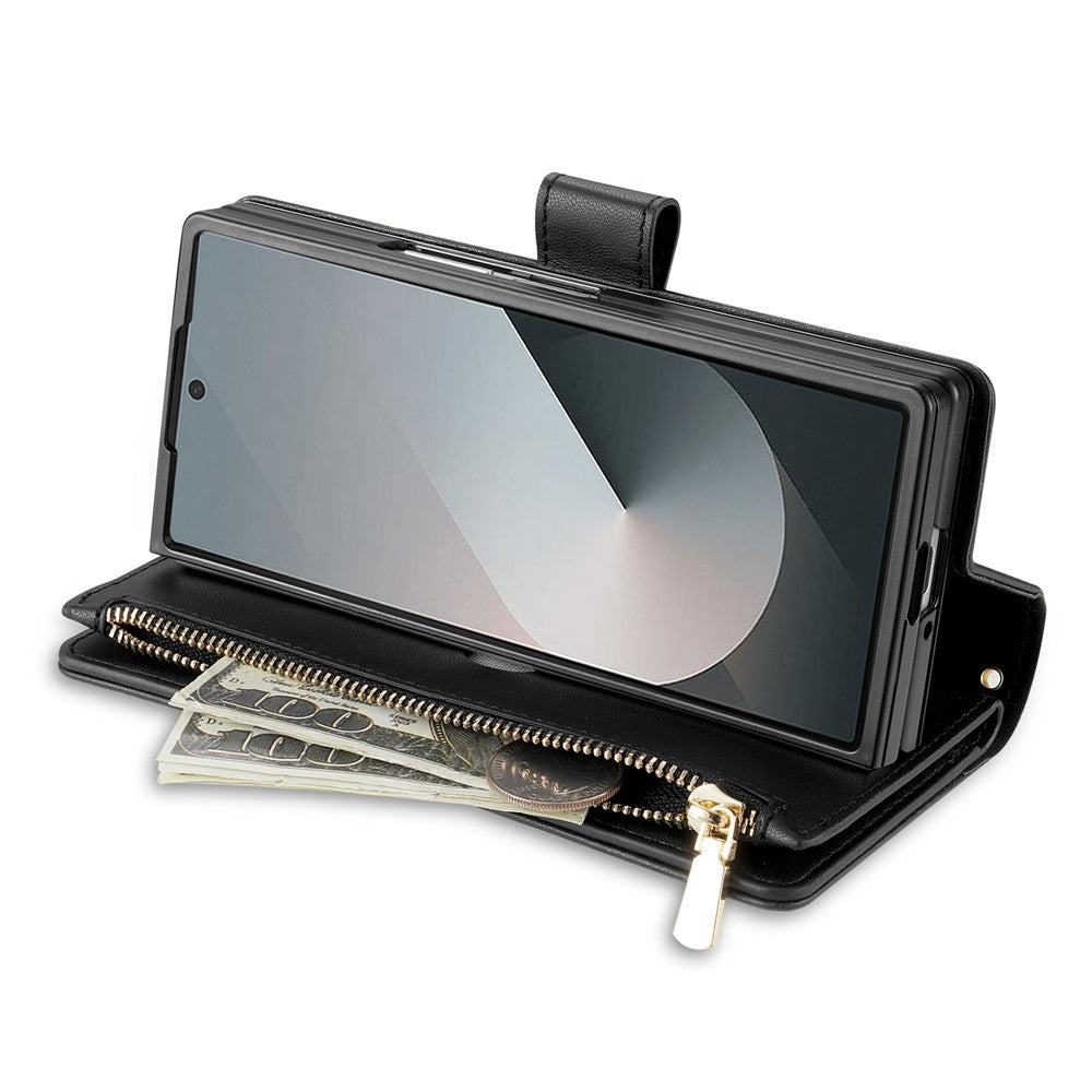 For Samsung Galaxy Z Fold7 5G Case Rhombus Stitching Leather Wallet Phone Cover with Long  /  Short Strap - Black